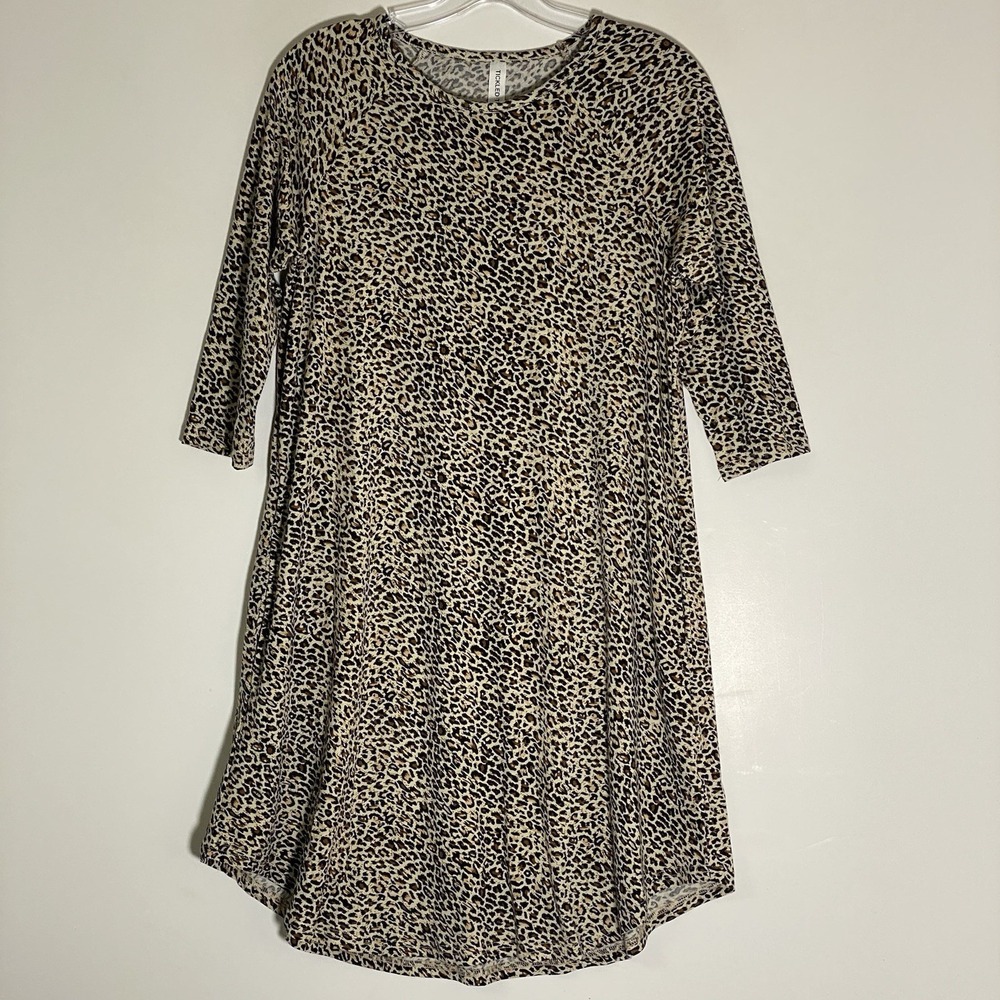 Tickled Teal Dress Womens Medium Leopard Flowy Tunic Pockets Boho Chic Casual M